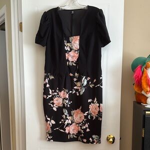 SHEIN Midi Dress in Elegant Black with Floral Design